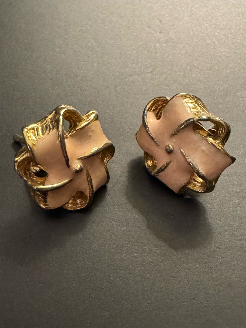 Vintage Pink Enamel & Gold Tone Ribbon Flower Stud Earrings